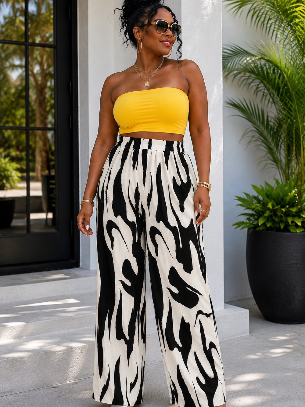 Wide Leg Zebra Print Pants - Black & White - Picture 4 of 10